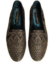 Dolce & Gabbana Gold Jacquard Leather Slip On Loafers Shoes - EU44/US11
