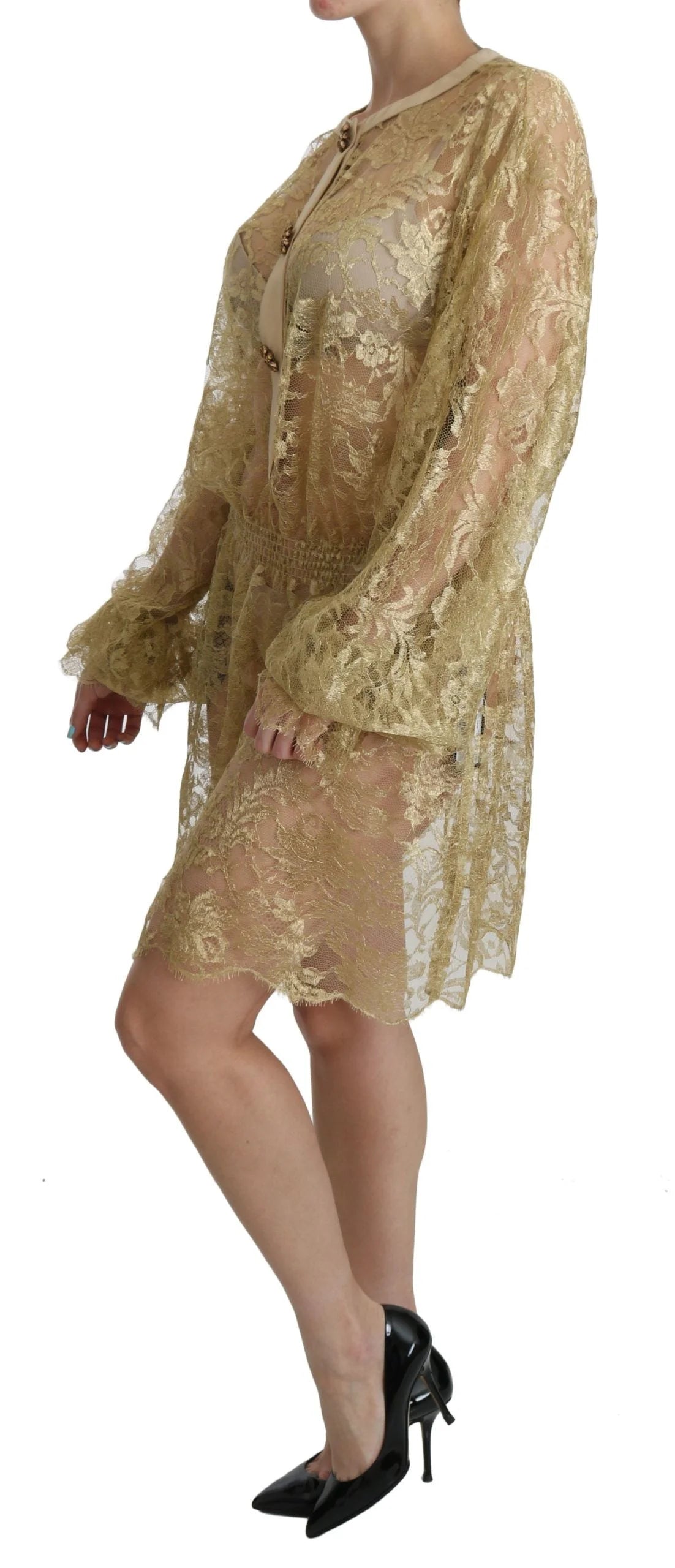 Dolce & Gabbana Gold Lace See Through A-Line Knee Length Dress - IT40|S - Dresses
