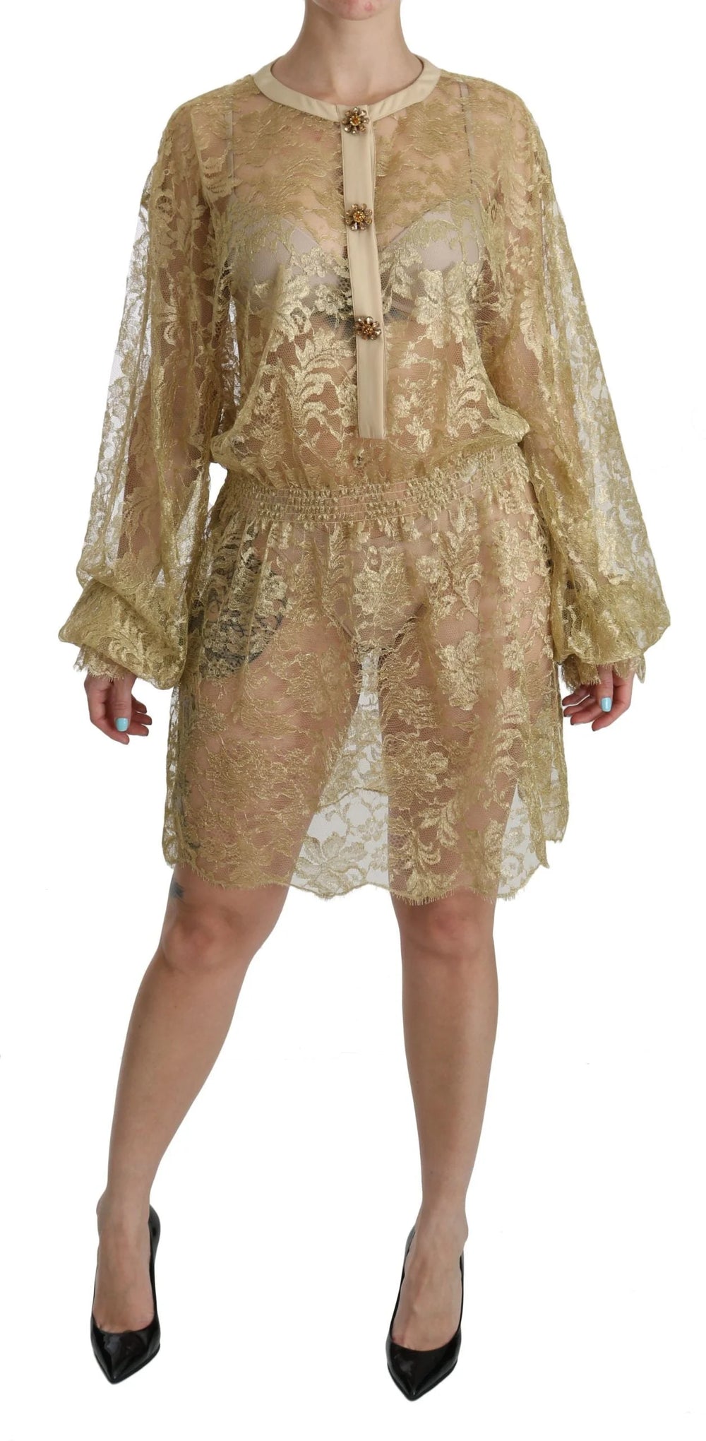 Dolce & Gabbana Gold Lace See Through A-Line Knee Length Dress - IT40|S - Dresses