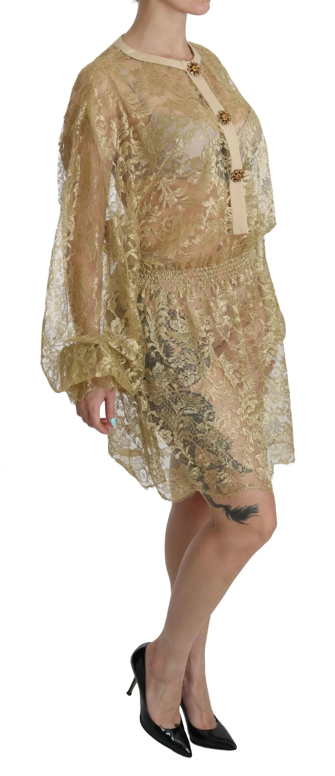 Dolce & Gabbana Gold Lace See Through A-Line Knee Length Dress - IT40|S - Dresses