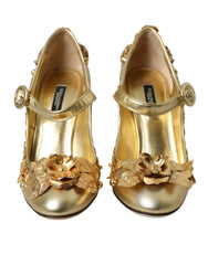 Dolce & Gabbana Gold Leather Crystal Mary Janes Pumps Shoes - EU36/US5.5
