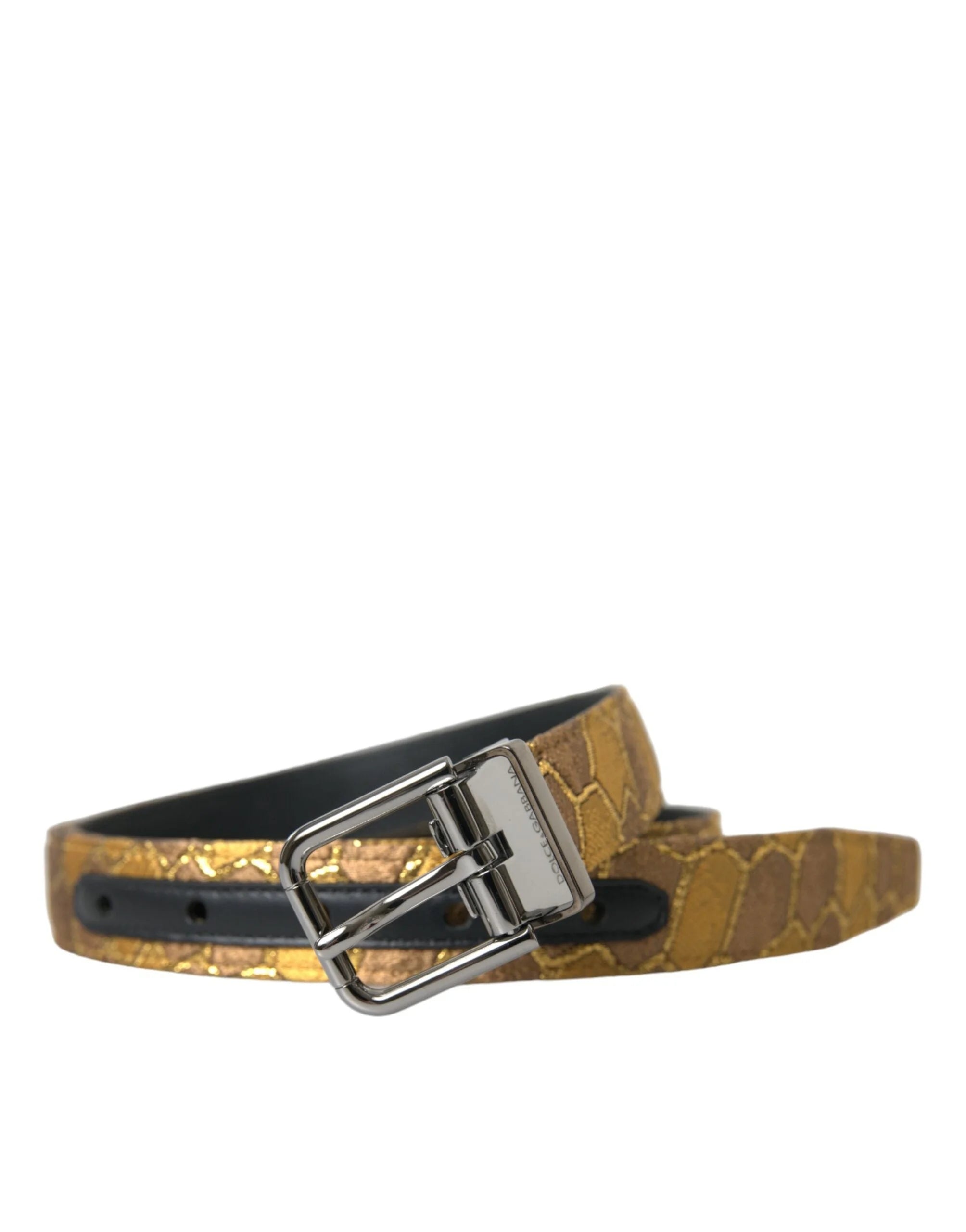 Dolce & Gabbana Gold Leather Jacquard Silver Metal Buckle Belt - 90 cm / 36 Inches - Belts