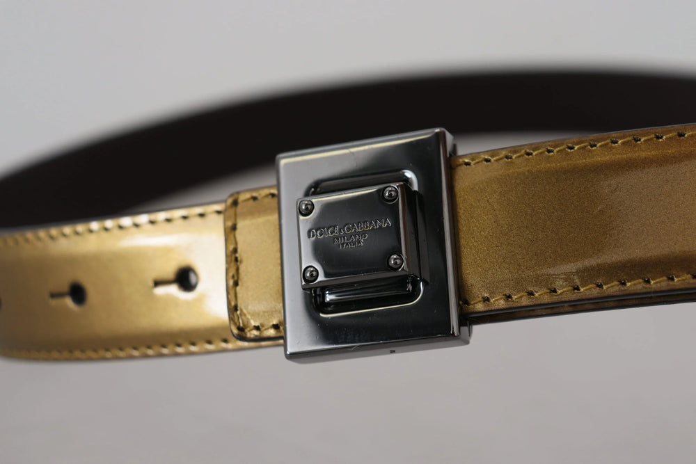 Dolce & Gabbana Gold Leather Silver Square Metal Buckle Belt - 90 cm / 36 Inches - Belts