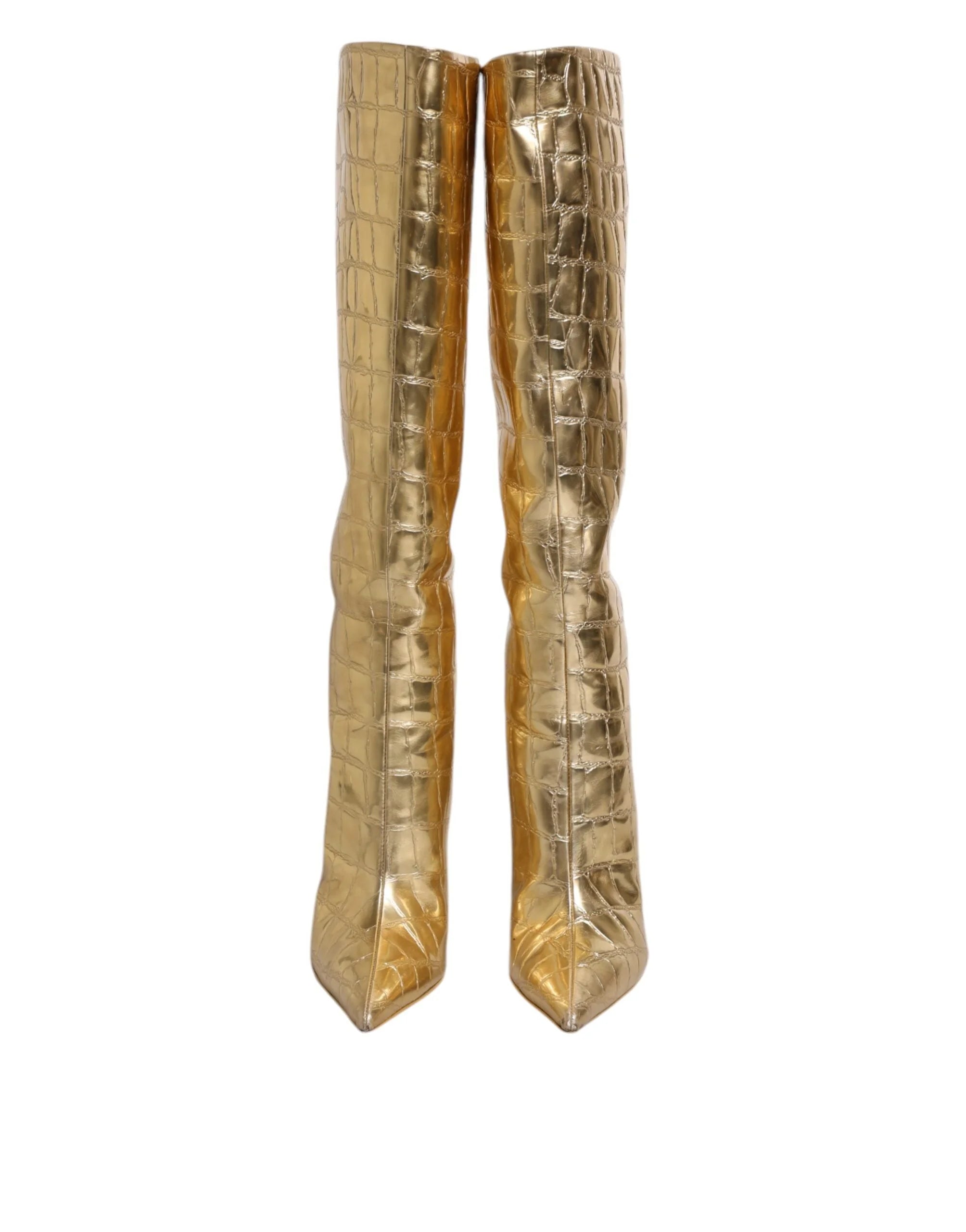 Dolce & Gabbana Gold Leather Stiletto Heels High Boots Shoes - Boots