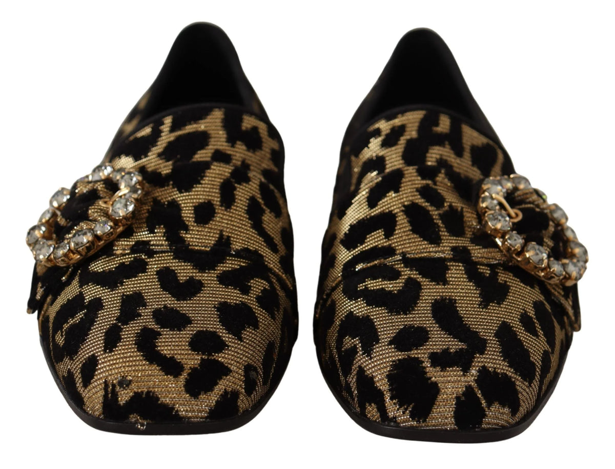 Dolce & Gabbana damelofers med leopardmønster, med stoff i gulltone og krystallpyntede spisser.