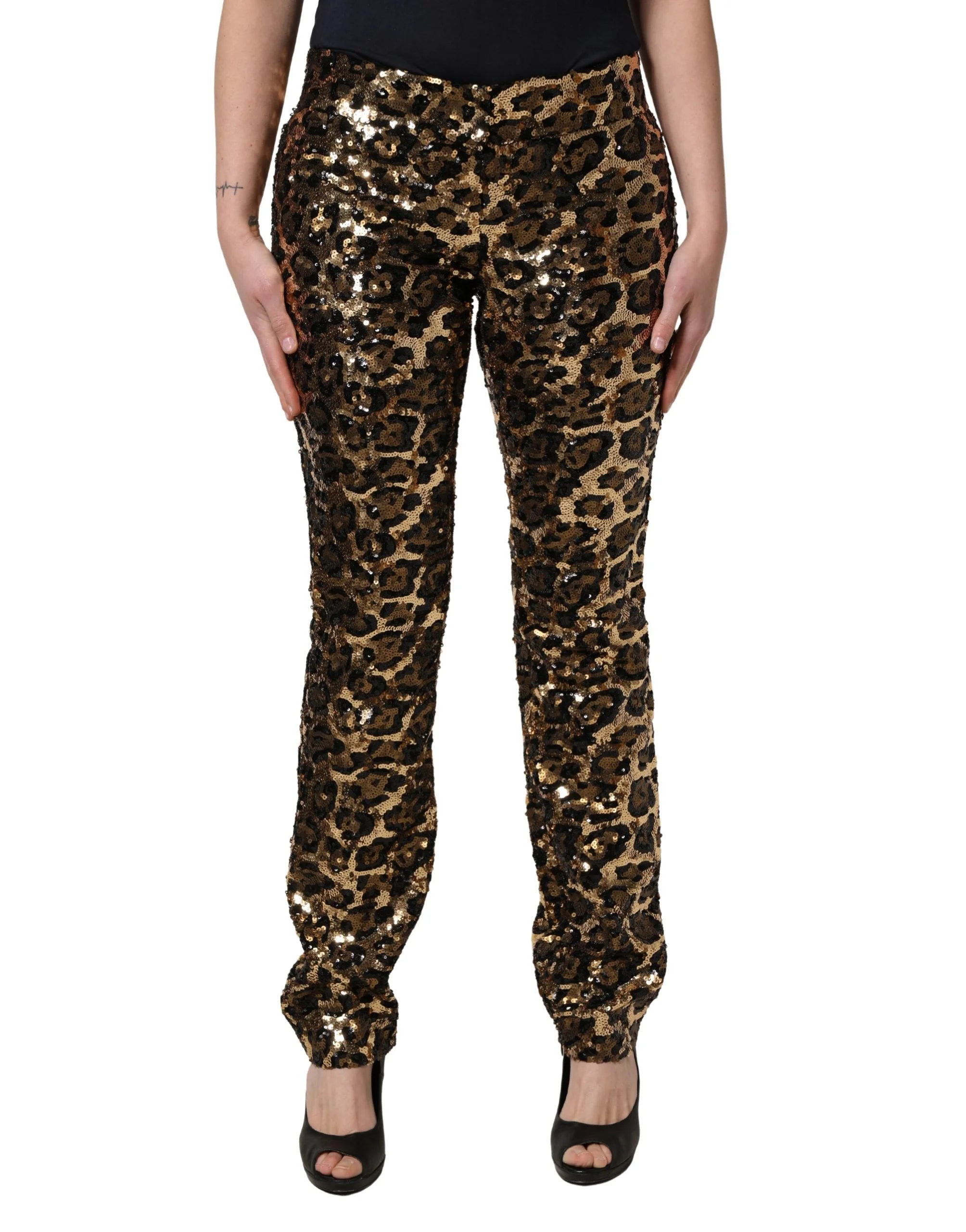 Dolce & Gabbana Byxor med Raka Ben i Guldleopard och Paljetter