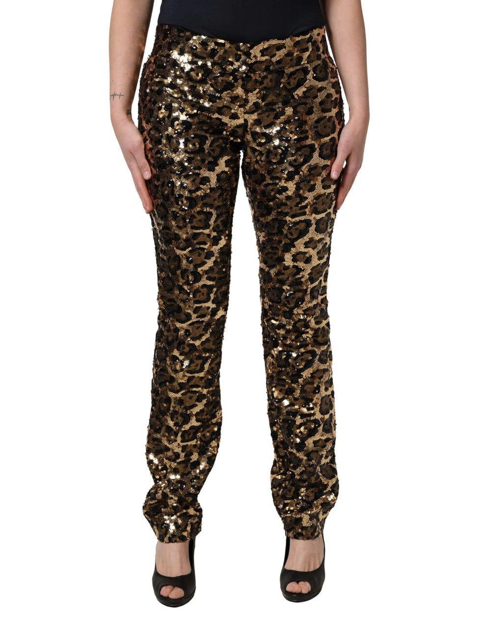 Dolce & Gabbana Byxor med Raka Ben i Guldleopard och Paljetter