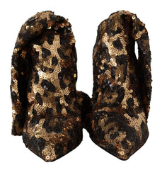 Dolce & Gabbana Gold Leopard Sequins Heels Boots Shoes - EU39.5/US9