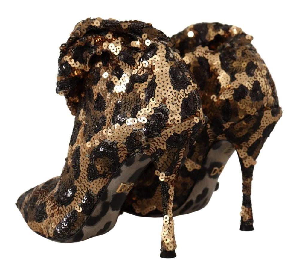 Dolce & Gabbana Gold Leopard Sequins Heels Boots Shoes - EU39.5/US9 - Boots