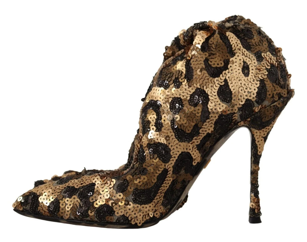 Dolce & Gabbana Gold Leopard Sequins Heels Boots Shoes - EU39.5/US9 - Boots
