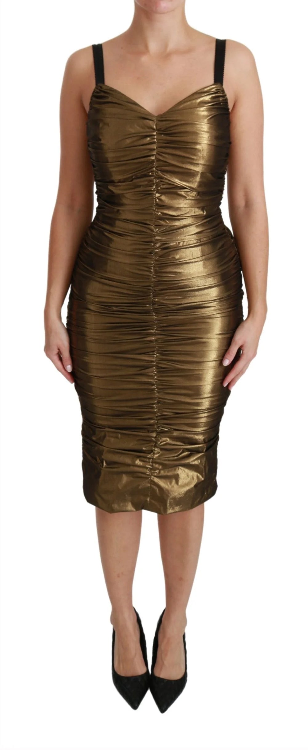 Dolce & Gabbana Gold Metallic Stretch Bodycon Ruched Dress - IT36 | XS - Dresses