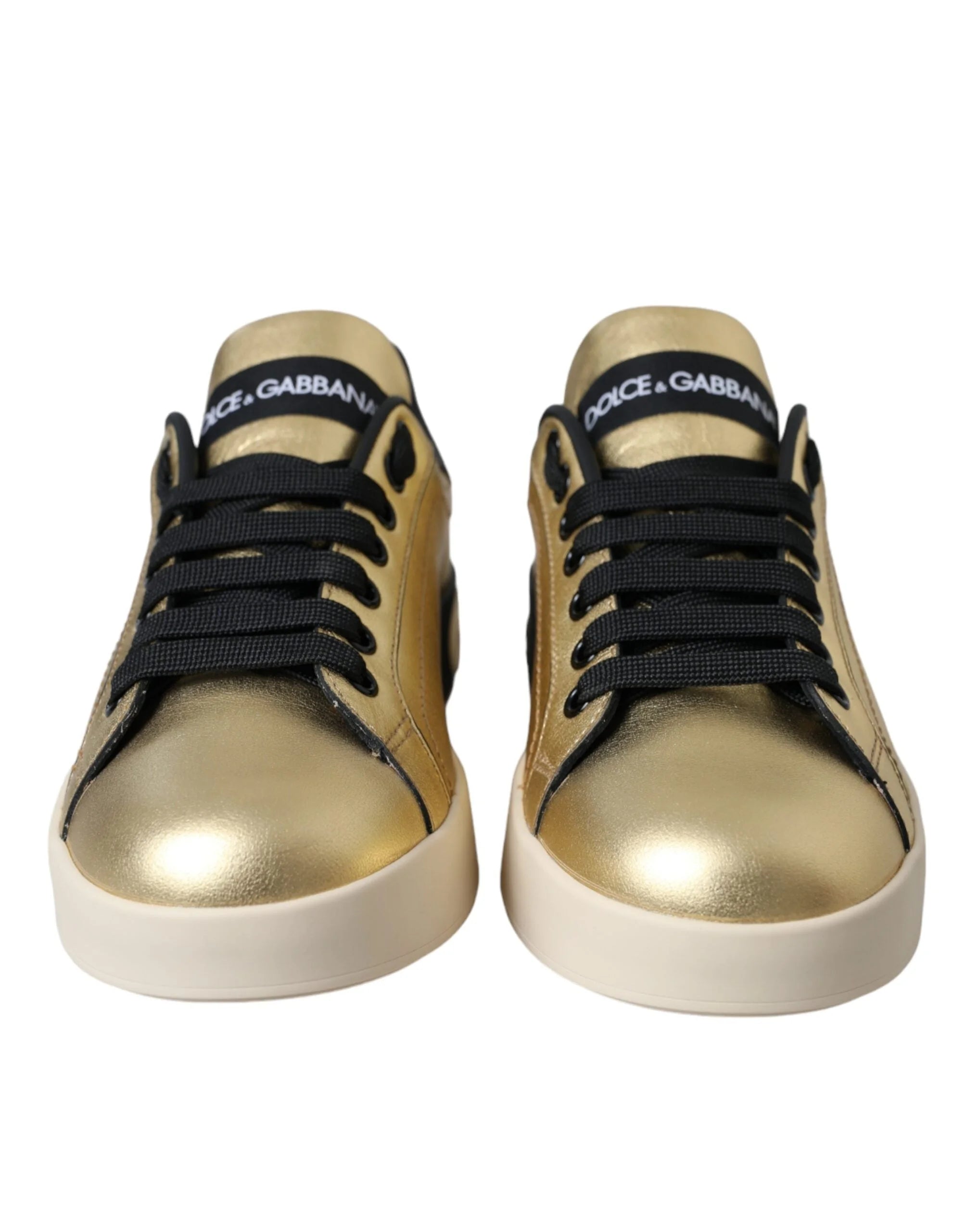 Dolce & Gabbana Gold Portofino Calf Leather Sneakers Women Shoes - Sneakers