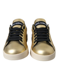 Dolce & Gabbana Gold Portofino Calf Leather Sneakers Women Shoes - Sneakers