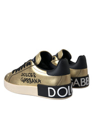 Dolce & Gabbana Gold Portofino Calf Leather Sneakers Women Shoes - Sneakers