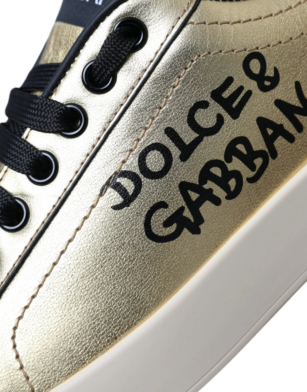Dolce & Gabbana Gold Portofino Calf Leather Sneakers Women Shoes - Sneakers