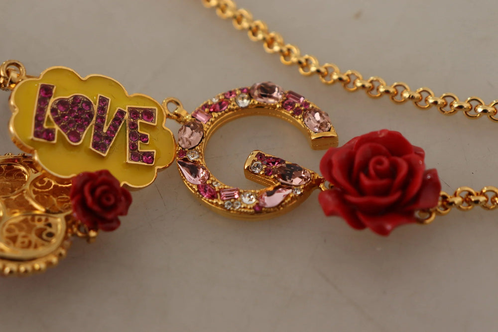 Dolce & Gabbana Gold Rose Love Crystal Charm Chain Necklace - Necklaces