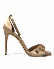 Dolce & Gabbana Gold Satin Ankle Strap Crystal Sandals Shoes - EU37/US6.5 - Heels