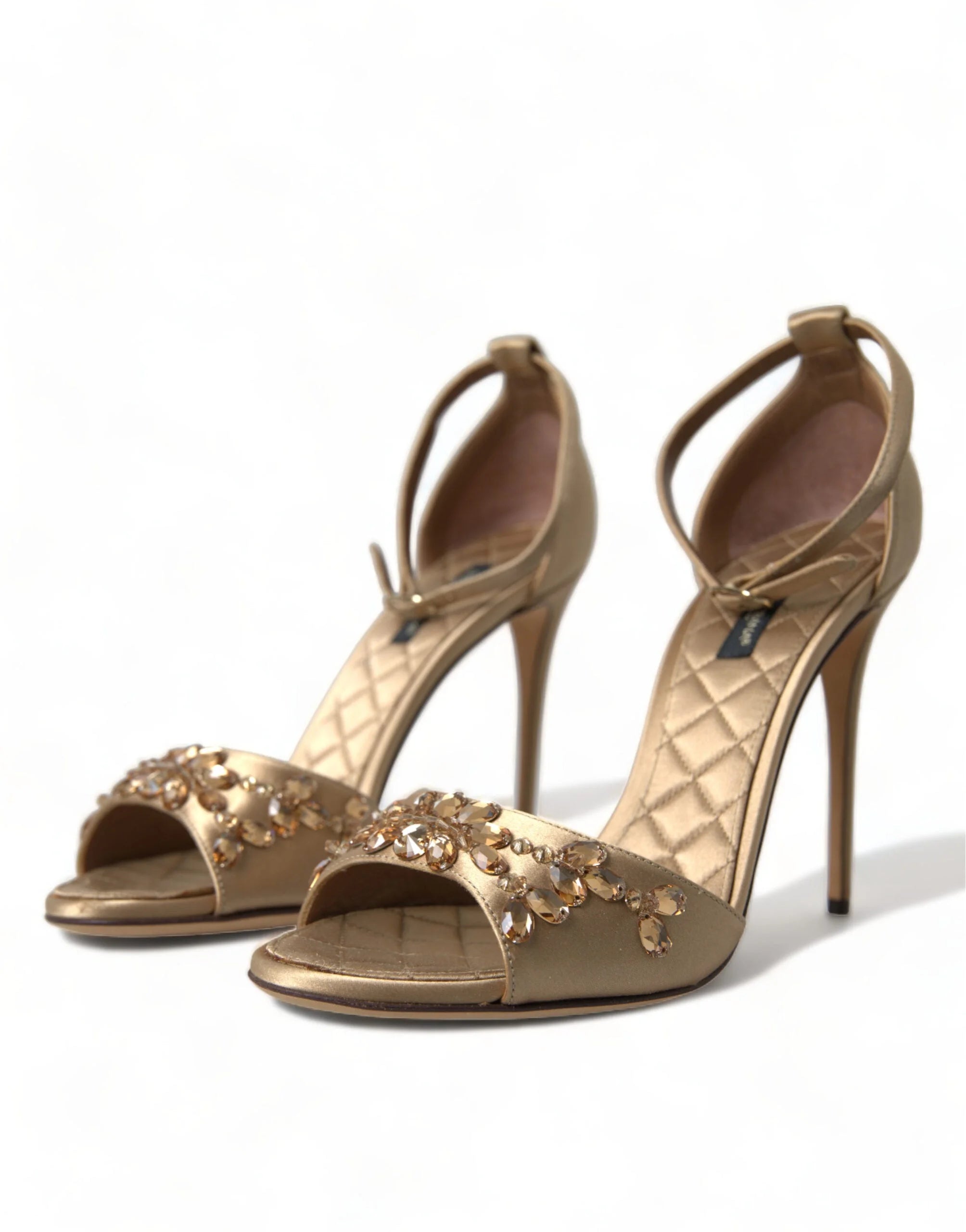 Dolce & Gabbana Gold Satin Ankle Strap Crystal Sandals Shoes - EU37/US6.5