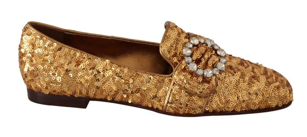 Dolce & Gabbana Gold Sequin Crystal Flat Women Loafers Shoes - EU37/US6.5 - Flats