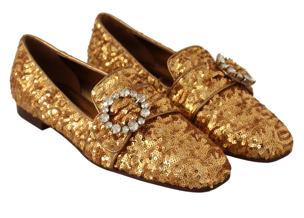 Dolce & Gabbana Gold Sequin Crystal Flat Women Loafers Shoes - EU37/US6.5