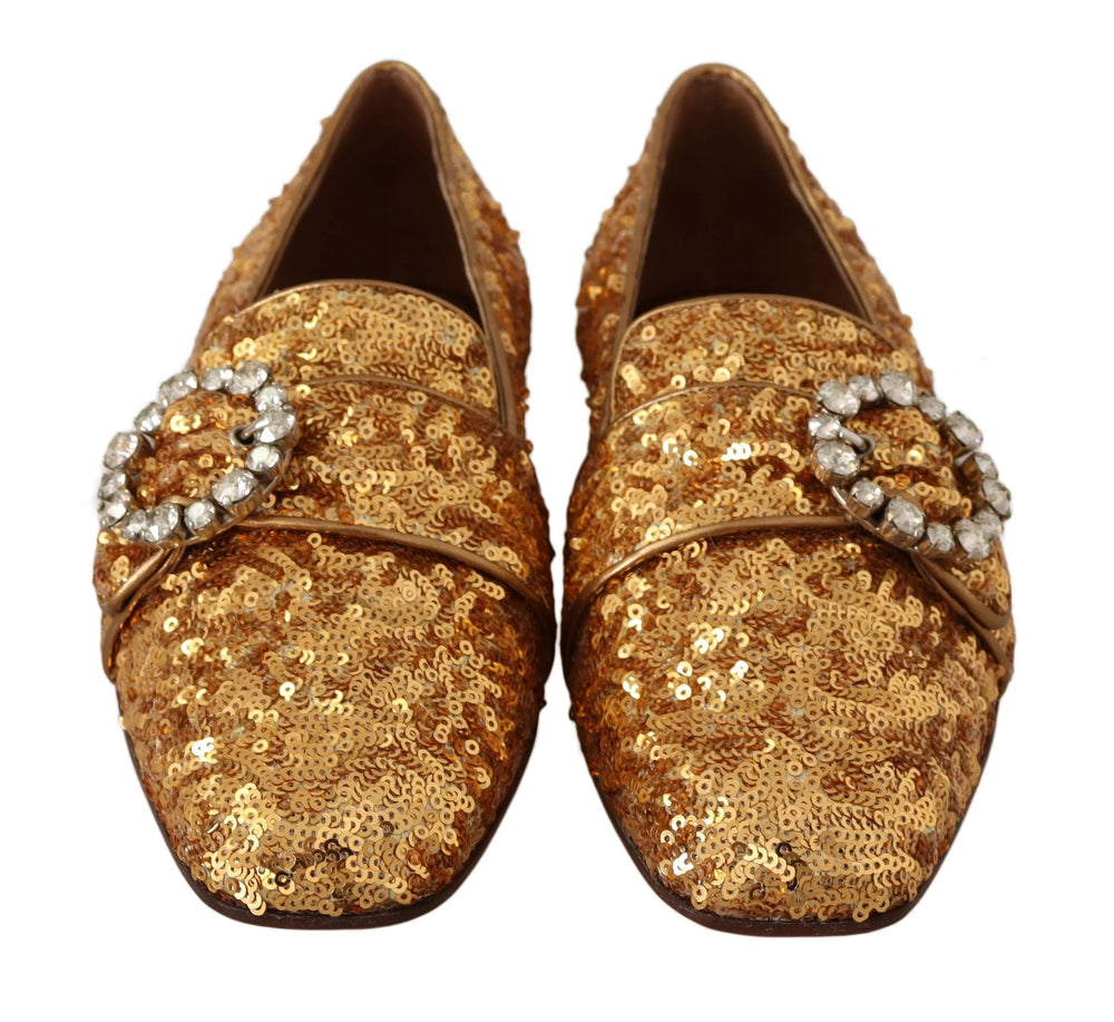 Dolce & Gabbana Gold Sequin Crystal Flat Women Loafers Shoes - EU37/US6.5