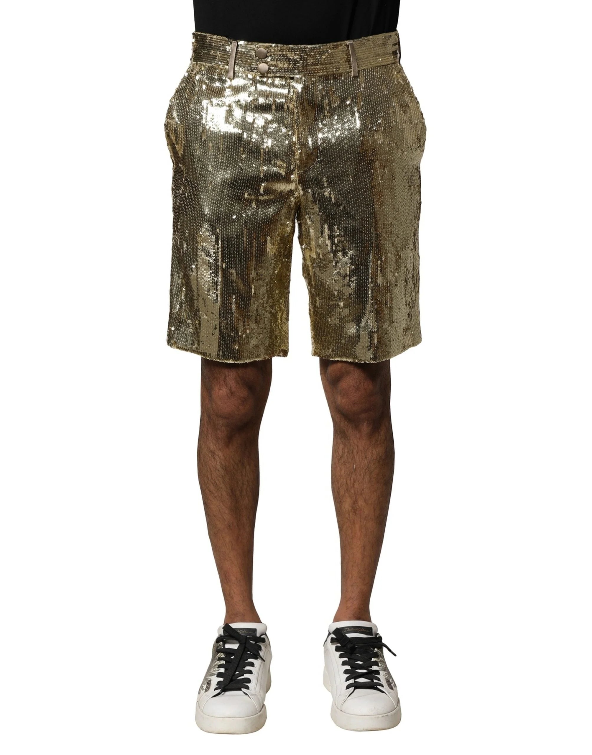 Dolce & Gabbana Gold Sequin Polyester Embellished Bermuda Shorts - IT44 | XS