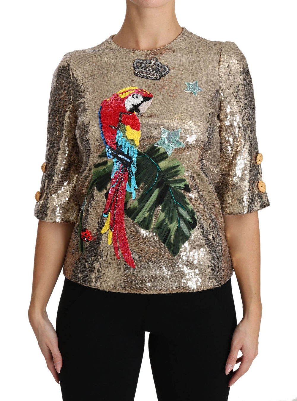Dolce & Gabbana Gold Sequined Parrot Crystal Blouse - IT36 | XS - Blouses