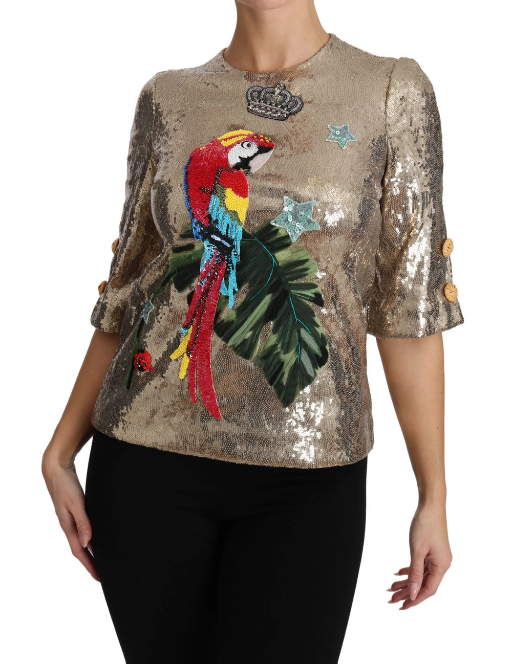 Dolce & Gabbana Gold Sequined Parrot Crystal Blouse - IT36 | XS - Blouses