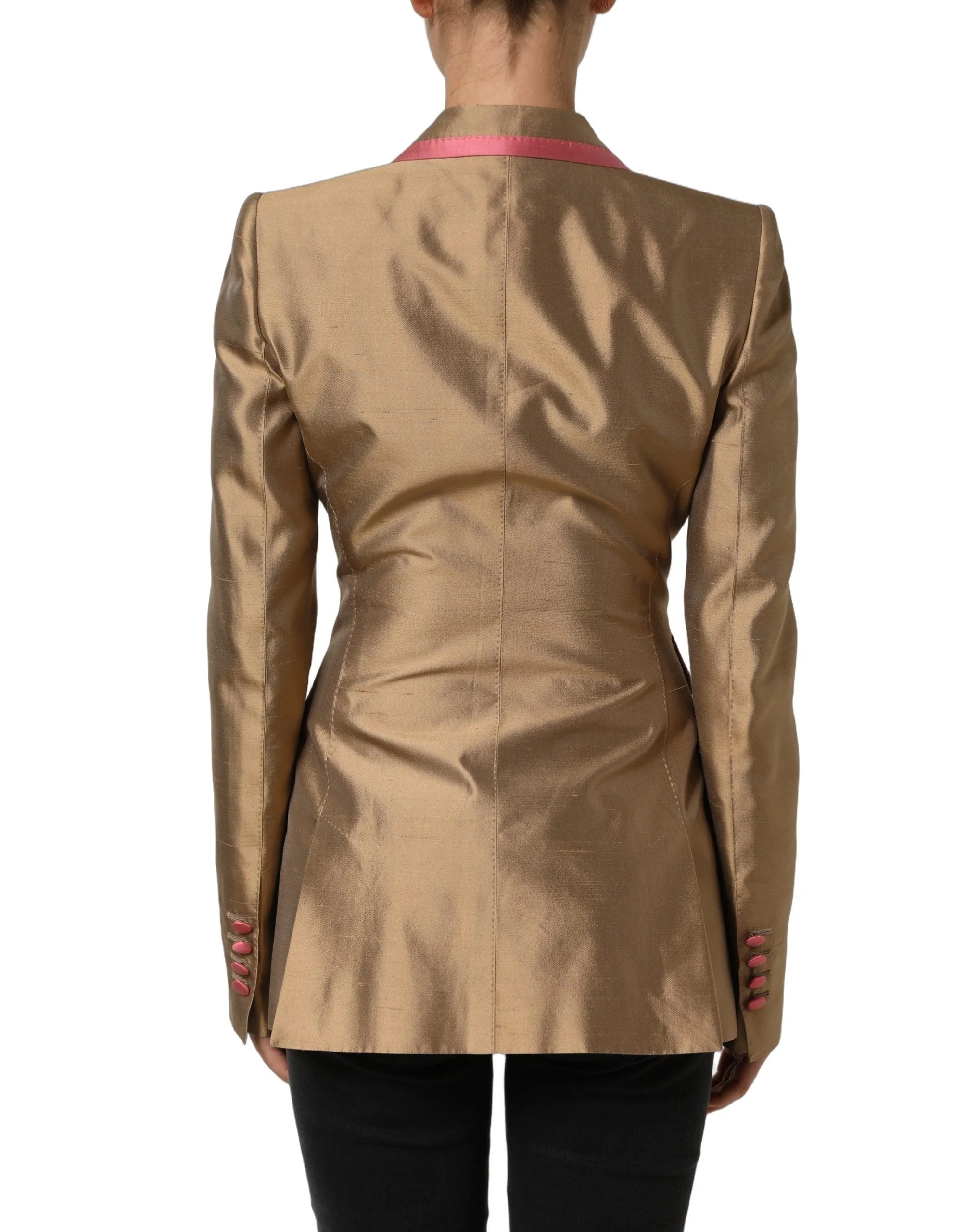 Dolce & Gabbana Gold Silk Double Breasted Coat Blazer Jacket - IT40|S