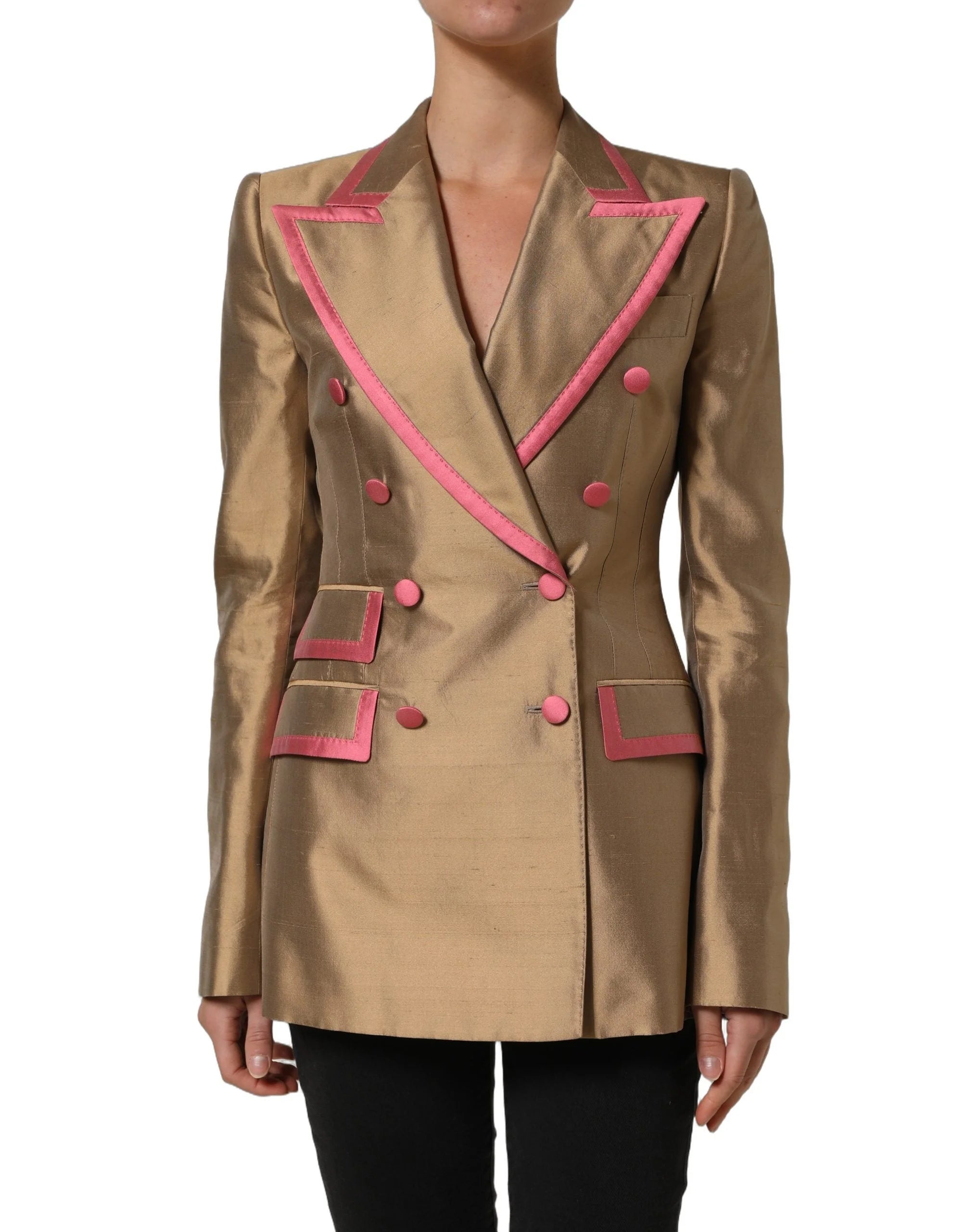 Dolce & Gabbana Gold Silk Double Breasted Coat Blazer Jacket - IT40|S