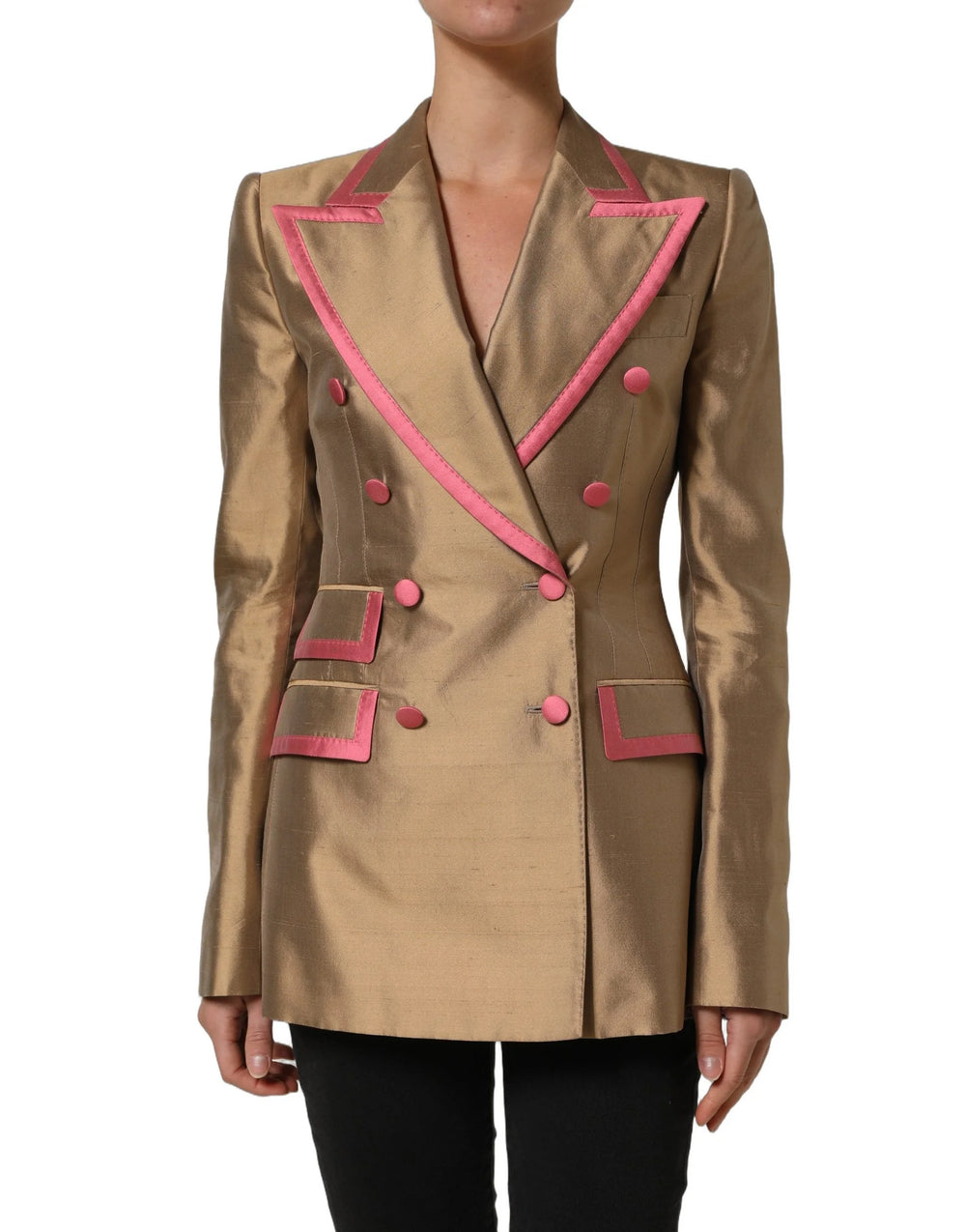 Dolce & Gabbana Gold Silk Double Breasted Coat Blazer Jacket - IT40|S