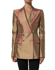 Dolce & Gabbana Gold Silk Double Breasted Coat Blazer Jacket - IT40|S