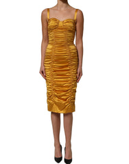 Dolce & Gabbana Gold Silk Ruched Bodycon Sheath Midi Dress - IT38 | XS