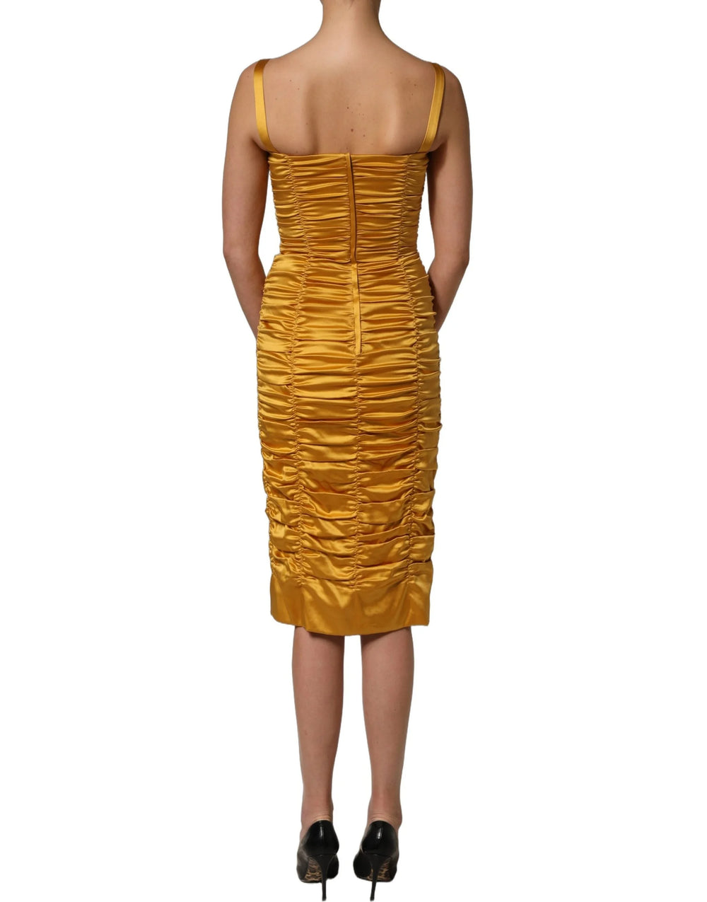 Dolce & Gabbana Gold Silk Ruched Bodycon Sheath Midi Dress - IT38 | XS