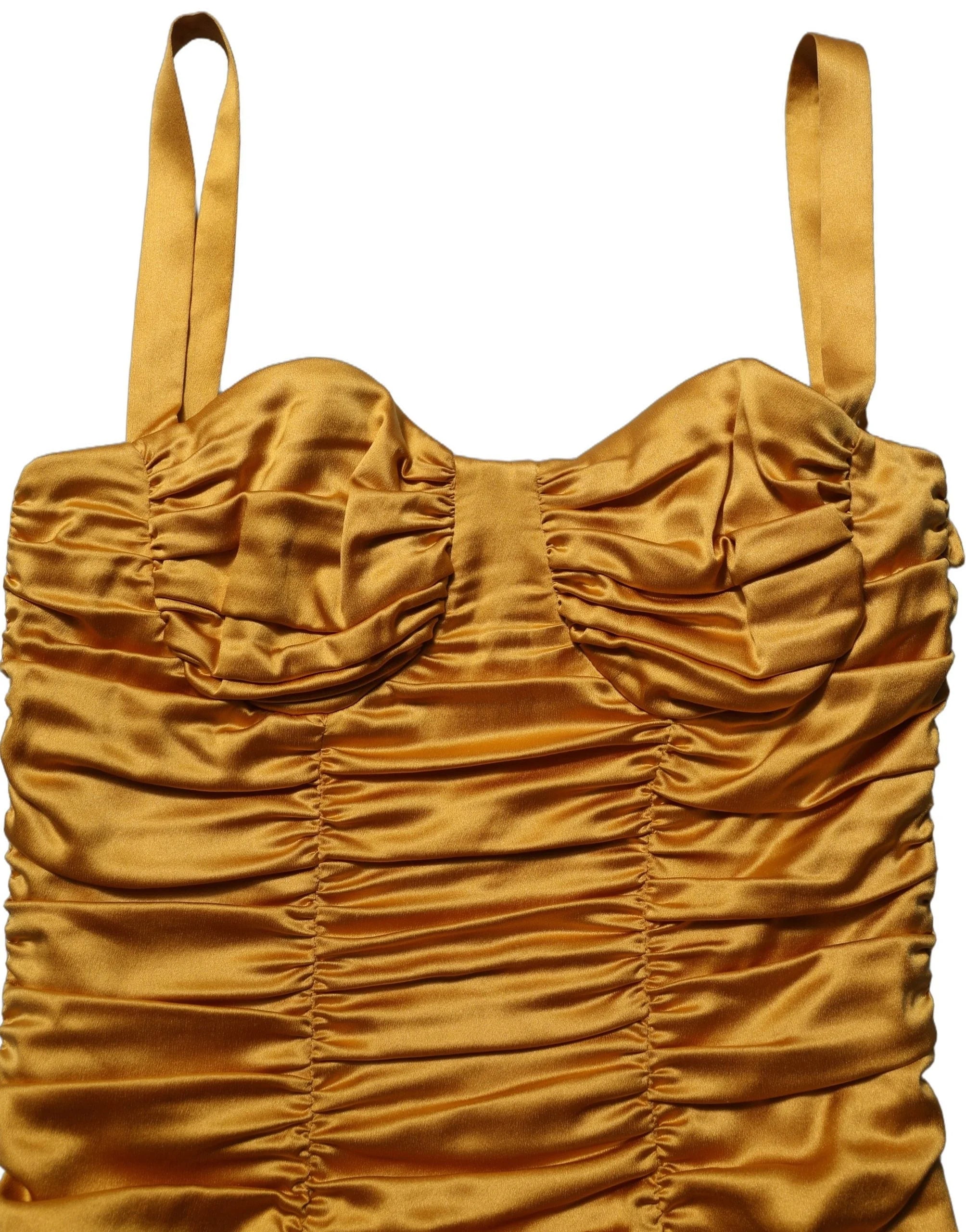 Dolce & Gabbana Gold Silk Ruched Bodycon Sheath Midi Dress - IT38 | XS