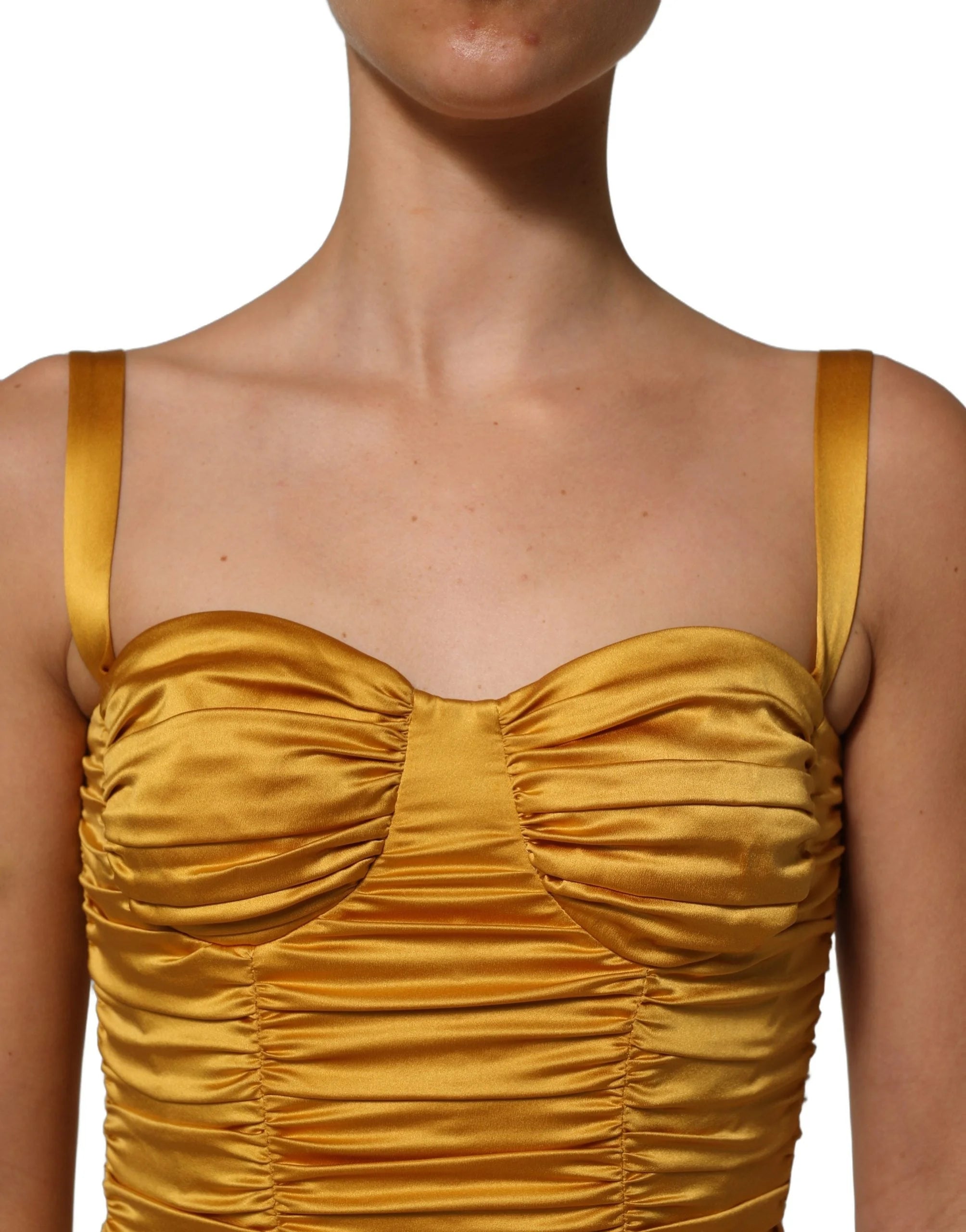 Dolce & Gabbana Gold Silk Ruched Bodycon Sheath Midi Dress - IT38 | XS
