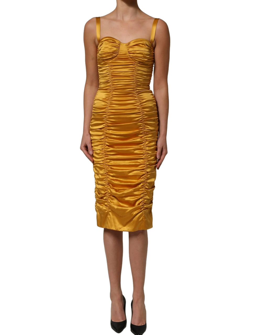 Dolce & Gabbana Gold Silk Ruched Bodycon Sheath Midi Dress - IT38 | XS