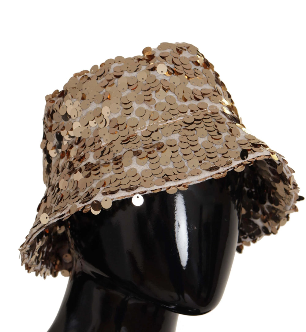 Dolce & Gabbana Gold Silk Sequin Embellished Designer Brim Bucket Hat - Bucket Hats