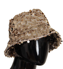 Dolce & Gabbana Gold Silk Sequin Embellished Designer Brim Bucket Hat - Bucket Hats