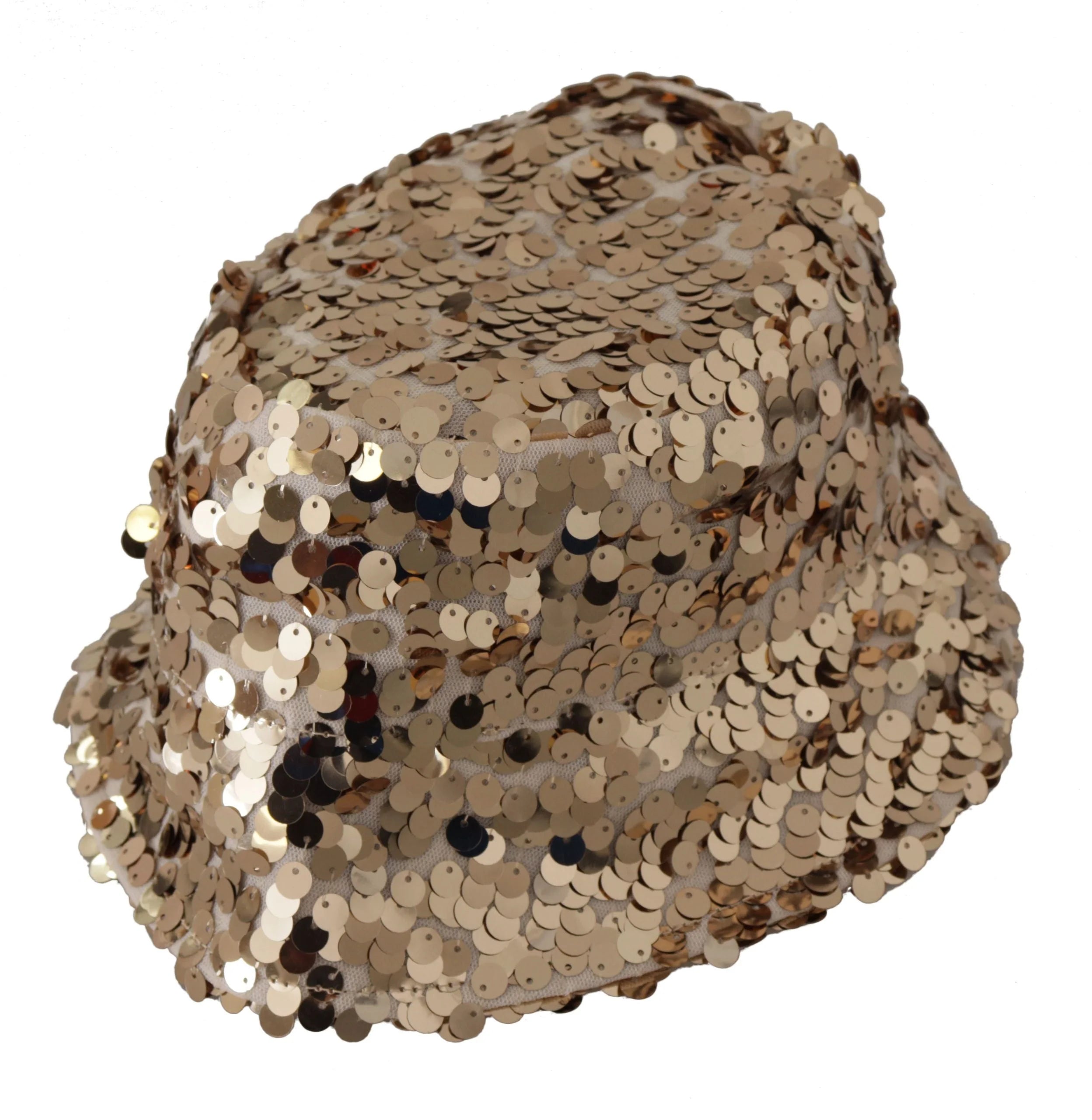 Yksityiskohtainen kuva sisävuorista ja premium-rakenteesta Dolce & Gabbana -kultaisessa sekviinibucket-hatussa.