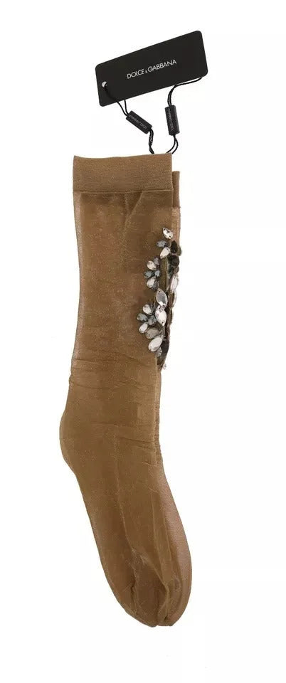 Dolce & Gabbana Gold Stretch Floral Clear Crystal Stocking Socks - Hosiery