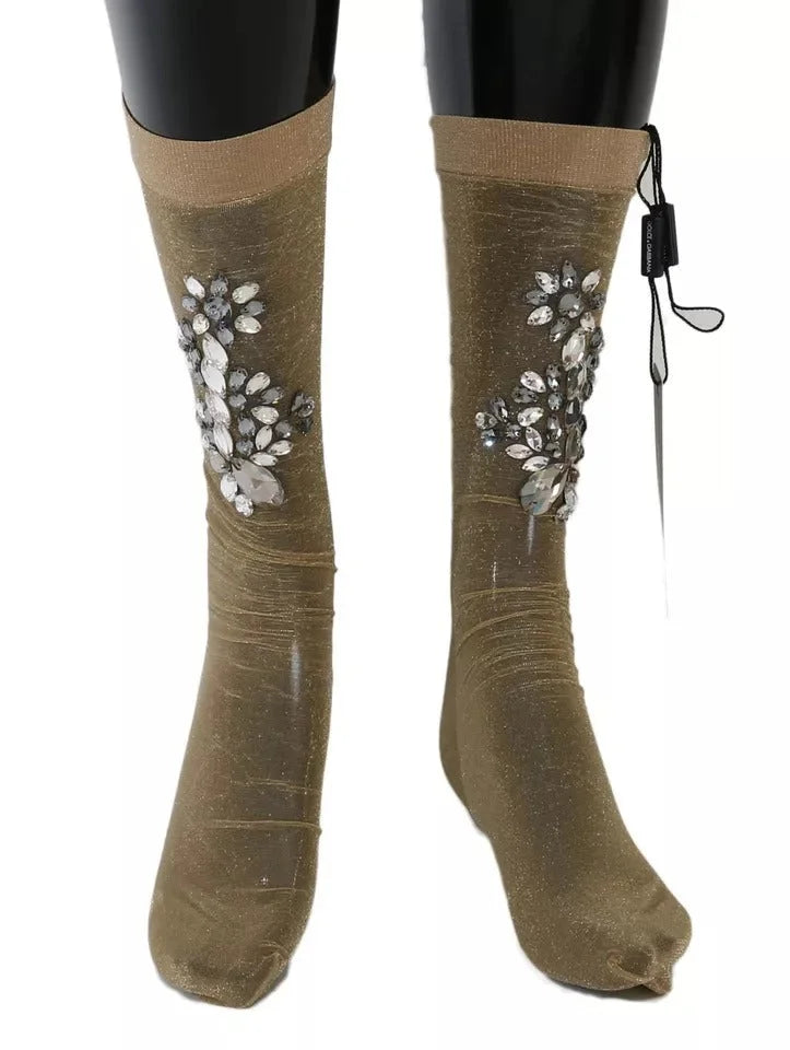 Dolce & Gabbana Gold Stretch Floral Clear Crystal Stocking Socks - Hosiery