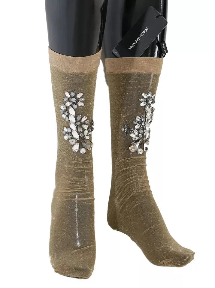Dolce & Gabbana Gold Stretch Floral Clear Crystal Stocking Socks - Hosiery