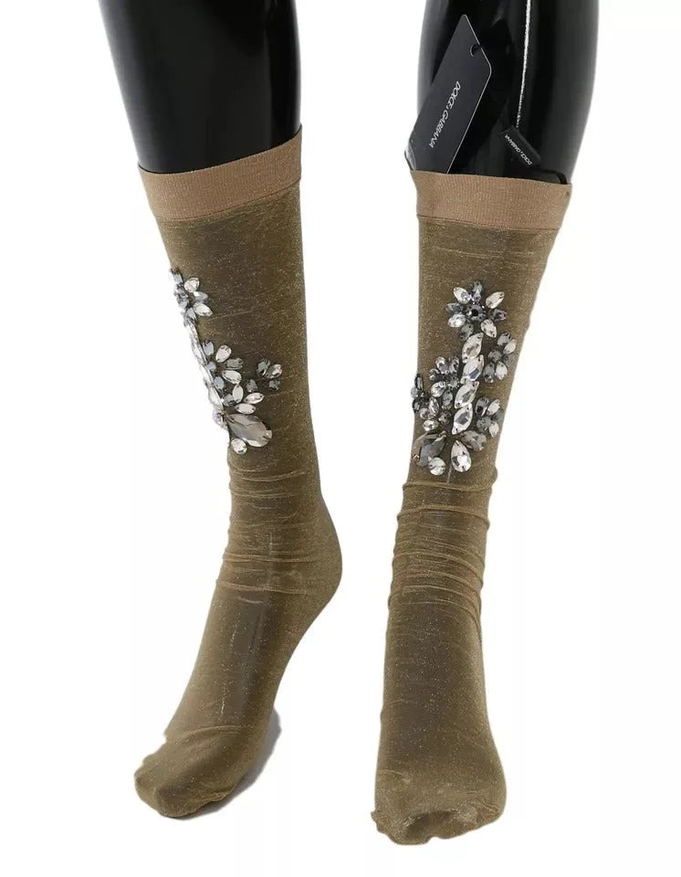 Dolce & Gabbana Gold Stretch Floral Clear Crystal Stocking Socks - Hosiery