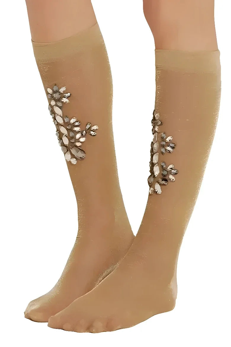 Dolce & Gabbana Gold Stretch Floral Clear Crystal Stocking Socks - Hosiery
