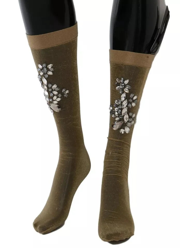 Dolce & Gabbana Gold Stretch Floral Clear Crystal Stocking Socks - Hosiery