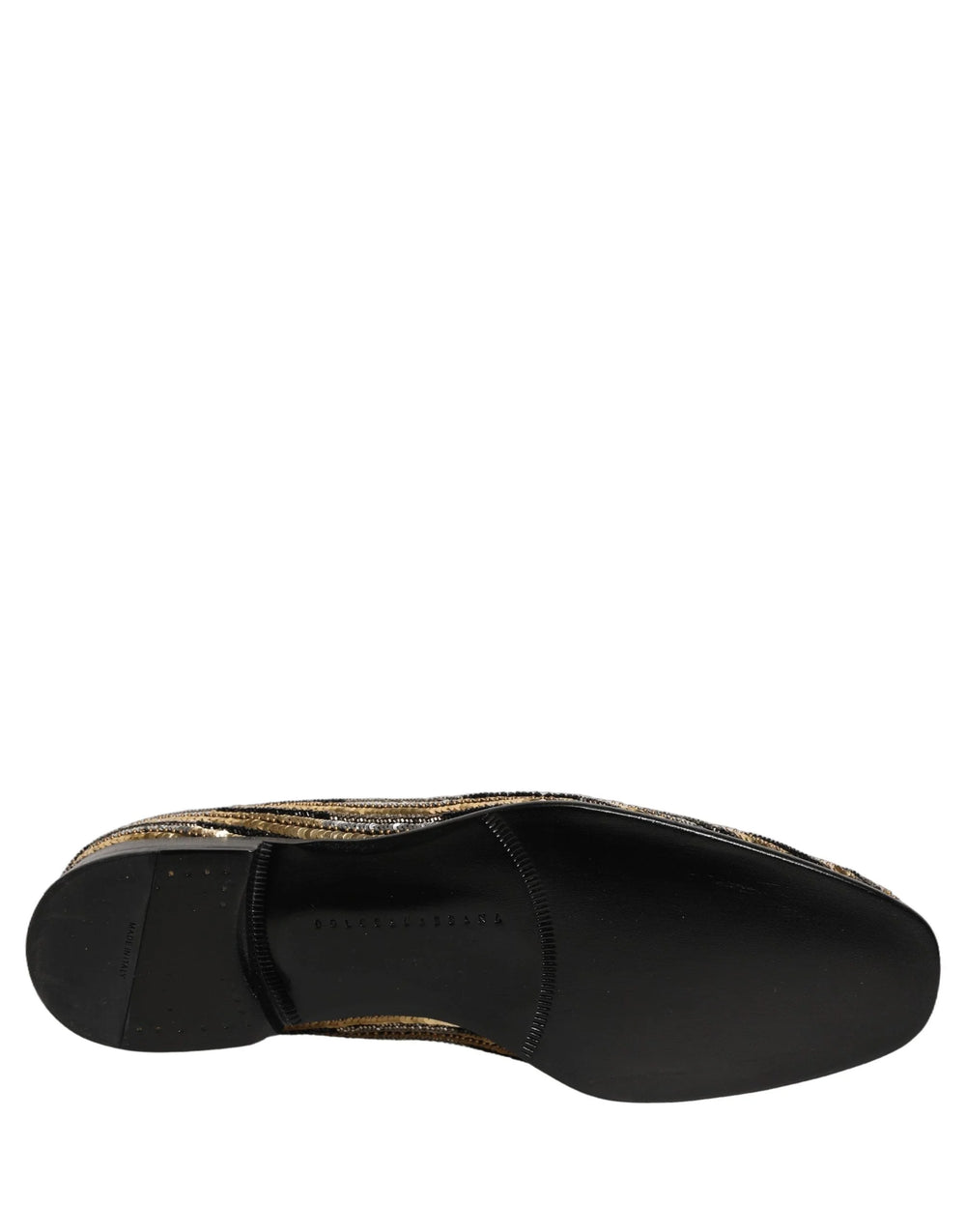 Mocassins pour hommes Dolce & Gabbana avec rayures dorées en sequins, présentant une silhouette classique à enfiler et des finitions en cuir.