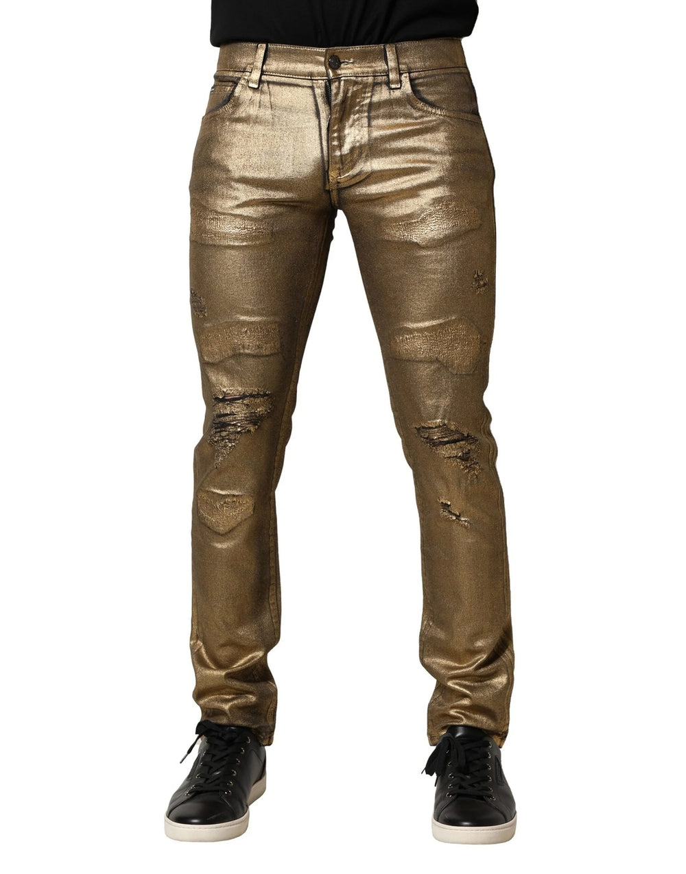 Dolce & Gabbana Gold Tattered Cotton Stretch Slim Denim Jeans - IT48 | M