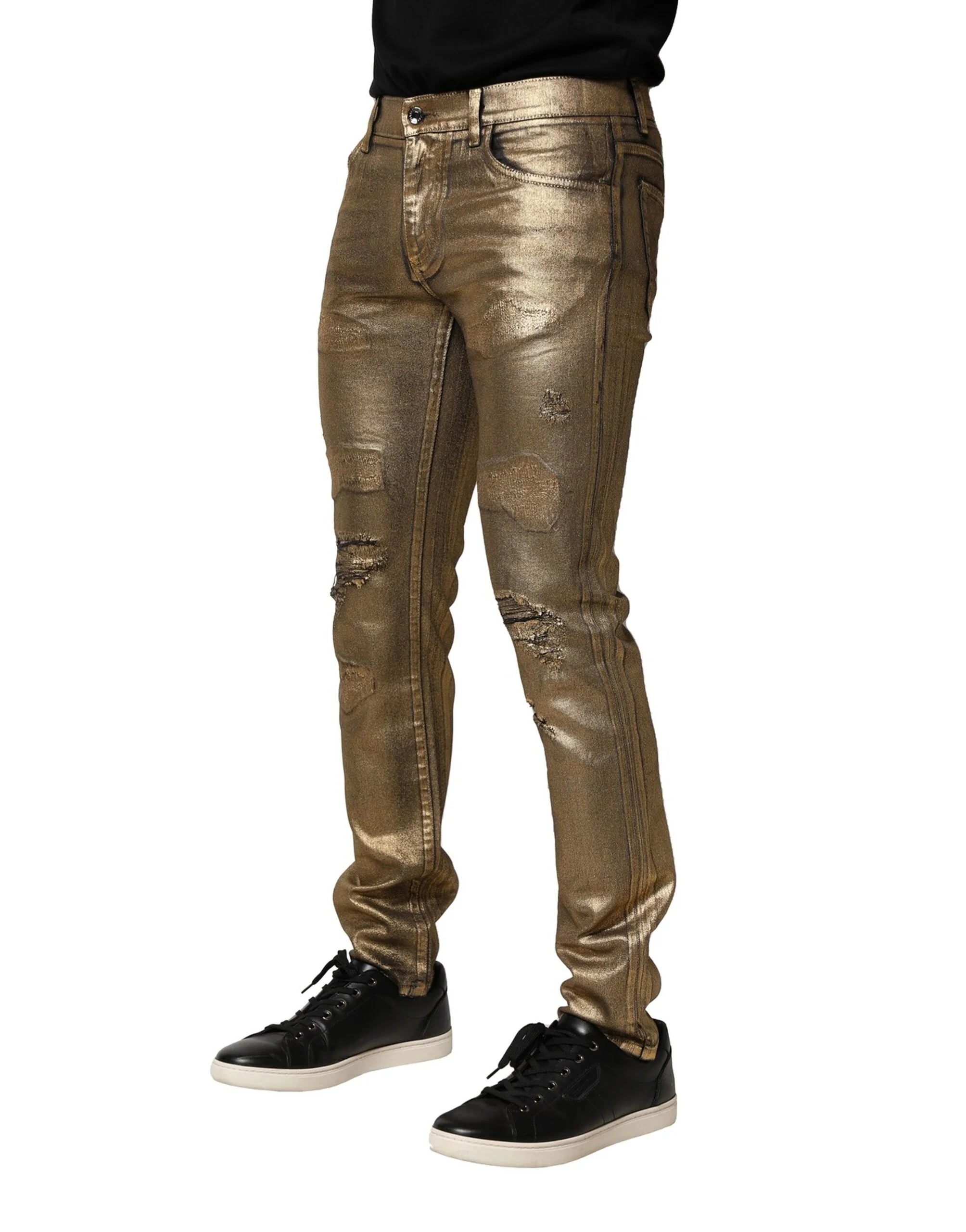 Dolce & Gabbana Gold Tattered Cotton Stretch Slim Denim Jeans - IT48 | M