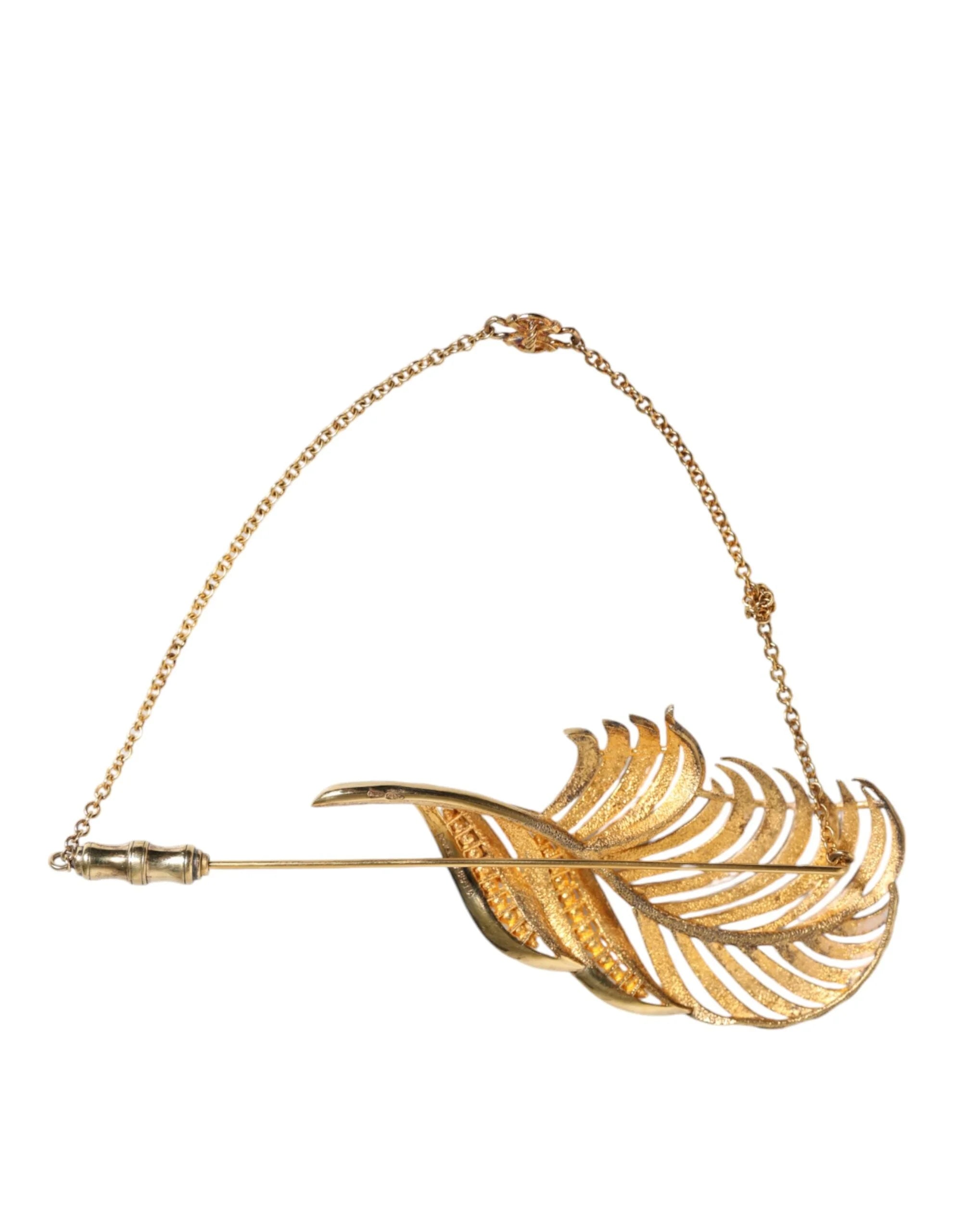 Dolce & Gabbana Gold Tone 925 Sterling Silver Leaf Crystal Chain Brooch - Brooches & Lapel Pins